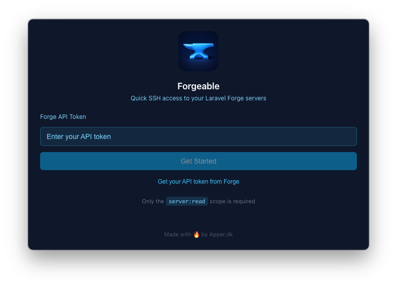 Forgeable setup screen with a single API token input