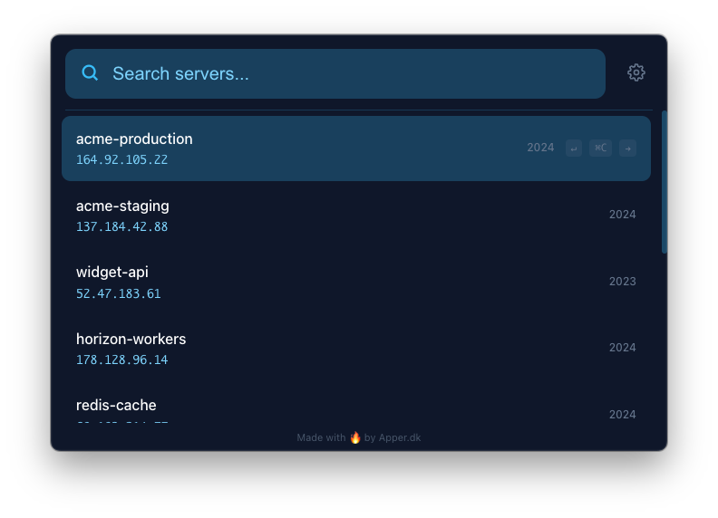 Forgeable main interface showing a searchable list of Laravel Forge servers